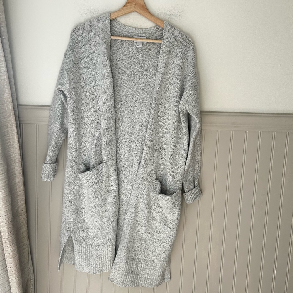 Old Navy Light Gray Open Front Cardigan Small Longline Cozy Sweater Pockets